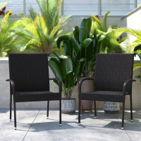 Flash Furniture 2-TW-3WBE073-BK-GG Maxim Set of 2 Stackable Indoor/Outdoor Wicker Dining Chairs with Arms - Fade & Weather-Resistant Steel Frames - Black